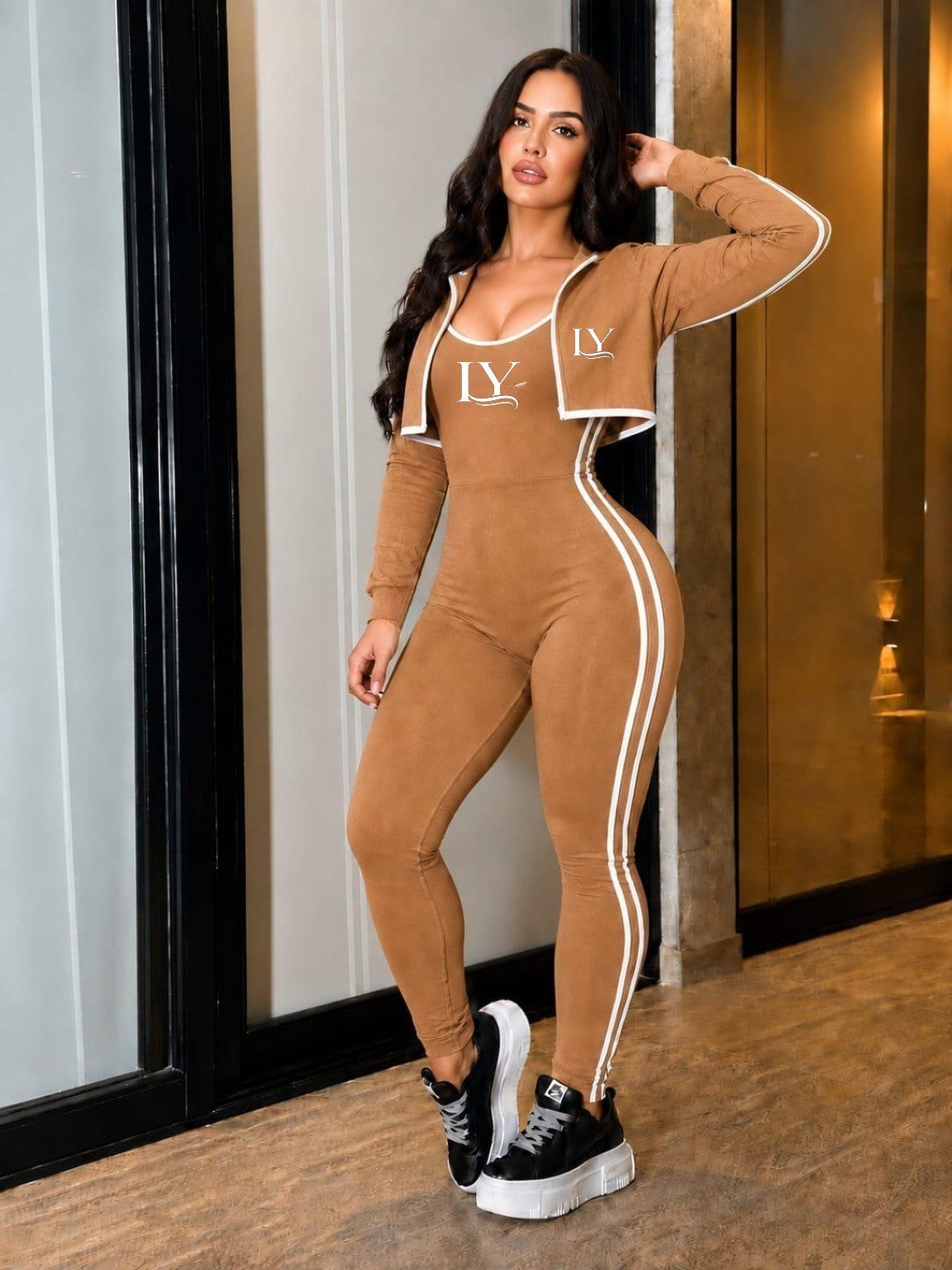 Jumpsuit LY and Cropped Jacket Set|Camel