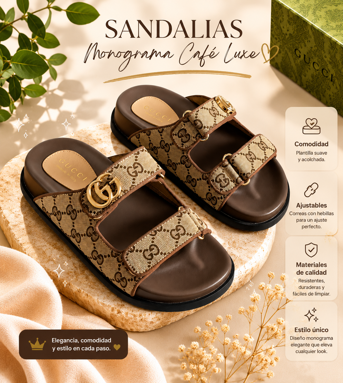 Sandalias Monograma Café Luxe/Linea Premium