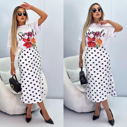 Conjunto- Set de 2 piezas Estampada y Falda Midi de lunares