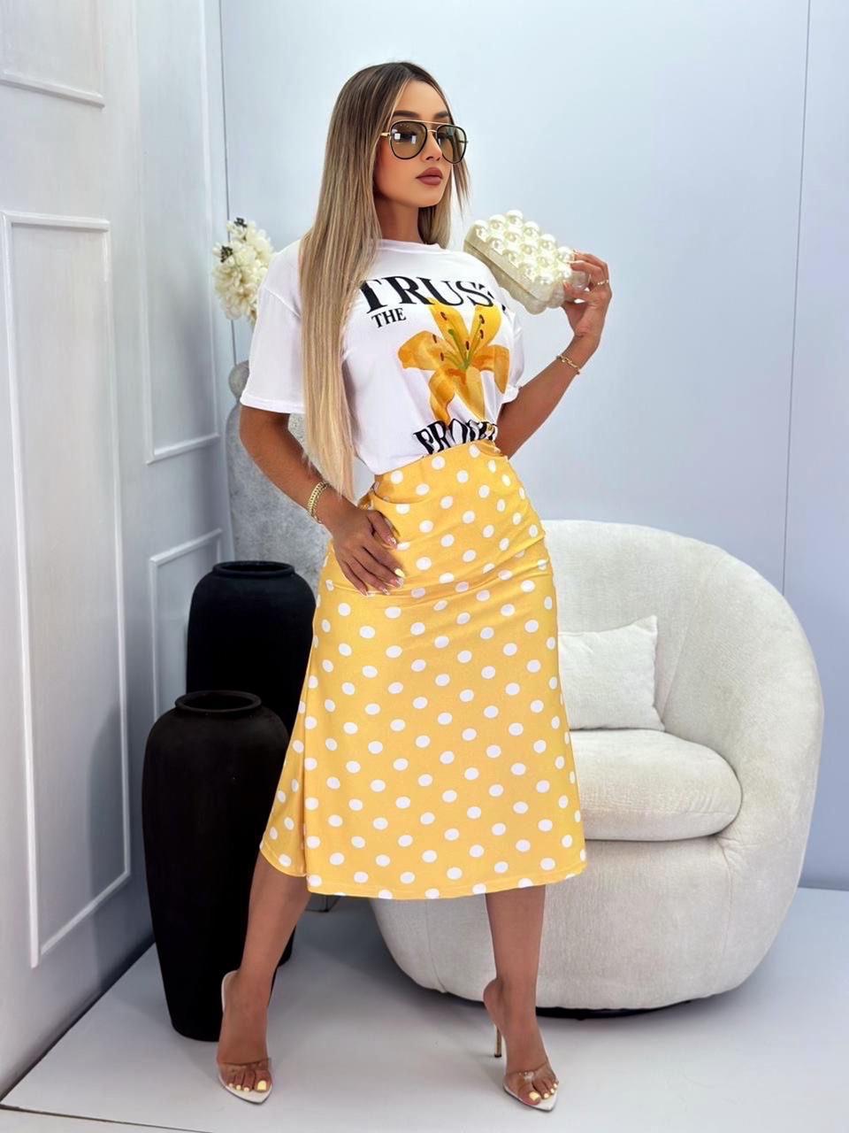Conjunto- Set de 2 piezas Estampada y Falda Midi de lunares