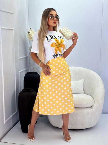 Conjunto- Set de 2 piezas Estampada y Falda Midi de lunares
