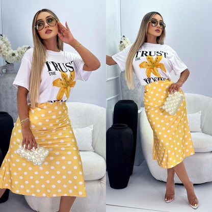 Conjunto- Set de 2 piezas Estampada y Falda Midi de lunares