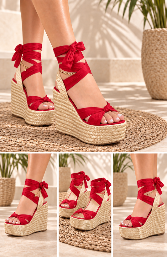 Red Capri platform high heels with Colombian Jute Platforms