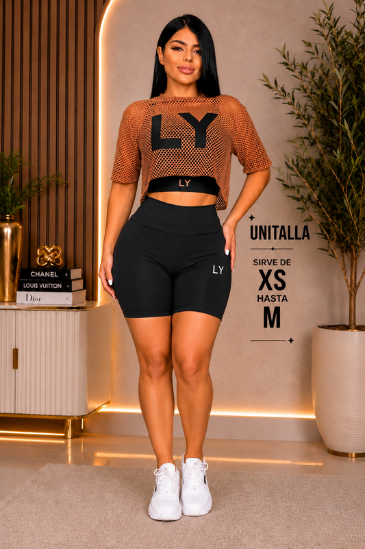 Conjunto Sport Luxe LY – 3 Piezas/Negro Y Malla Carmelita