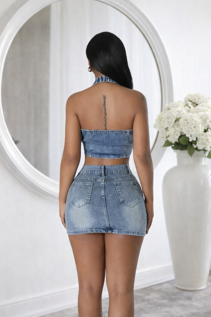 Denim Lace Curve Set Falda