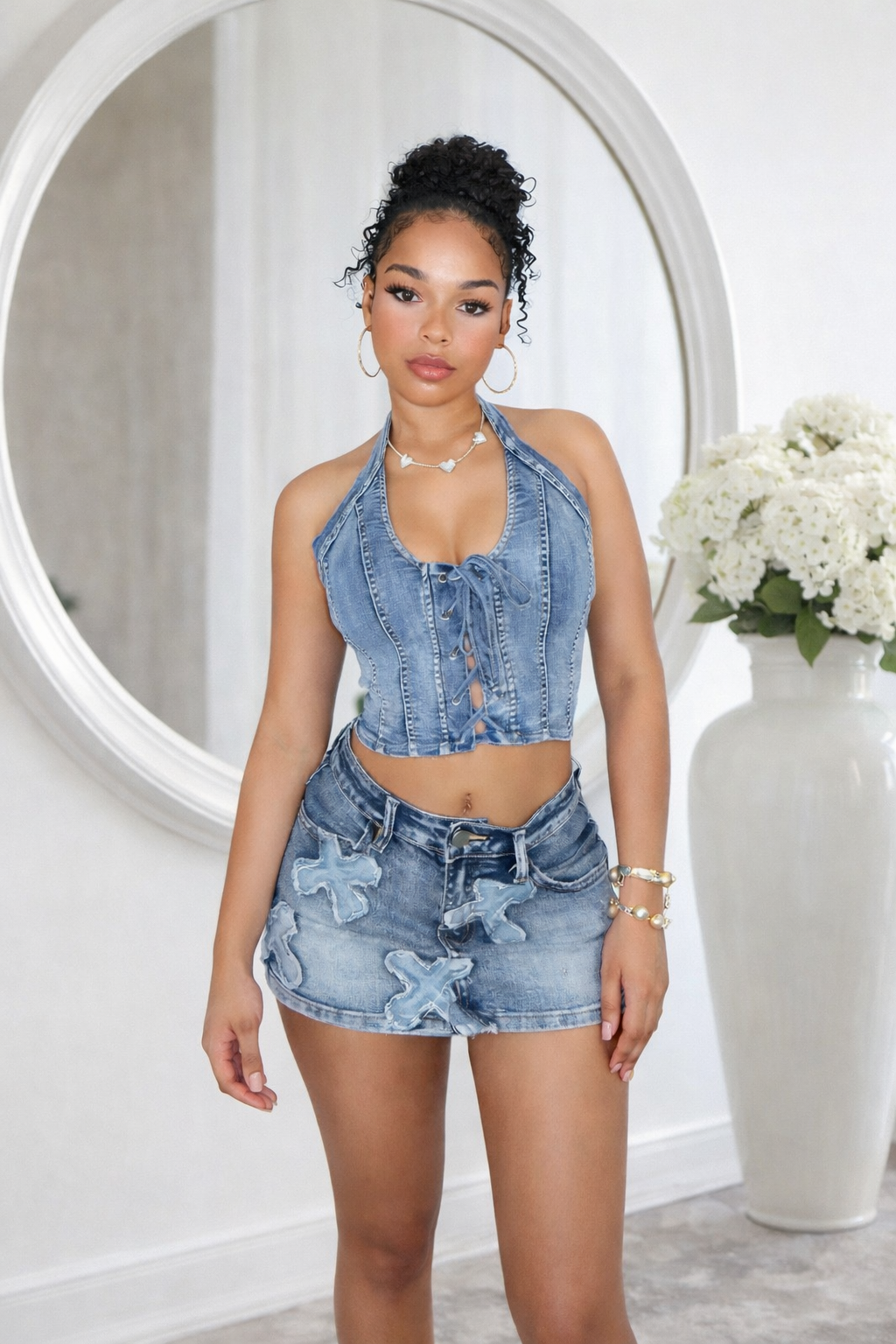 Denim Lace Curve Set Falda