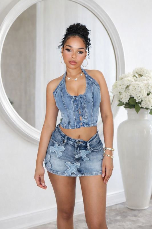Denim Lace Curve Set Falda